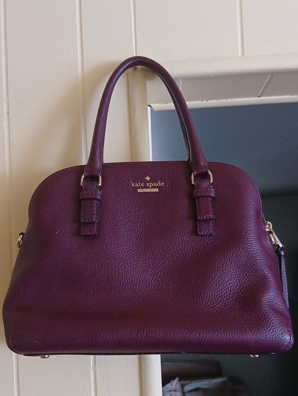 kate spade plum pebbled leather satchel with gold hardware